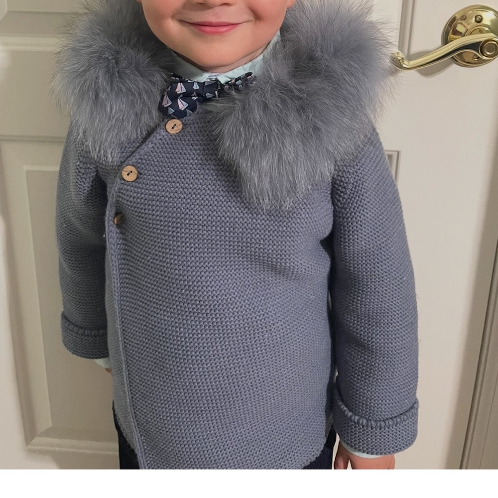 Kids Gray/navy knitted high quality knitted Jacket with real fur